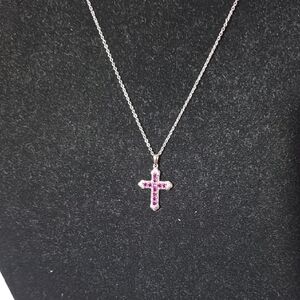 Elegant Silver and Pink Cross Pendant Necklace